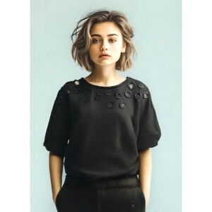 Leo Ugo Paris Knit Top Womens Size X-Large Bead Trim Hem Dolman Sleeve Black EUC